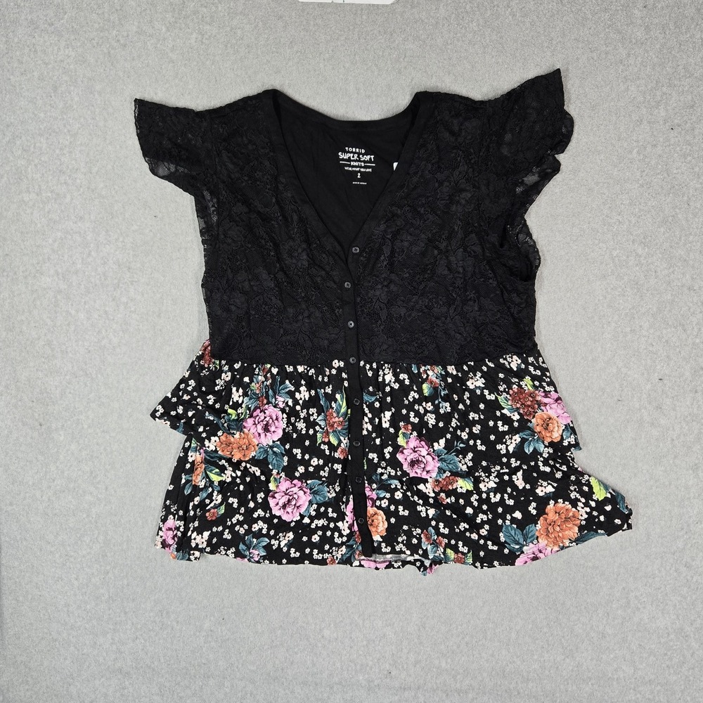 Torrid Women‎ Blouse 2 Black Floral Peplum Lace Button Up Super Soft Knits